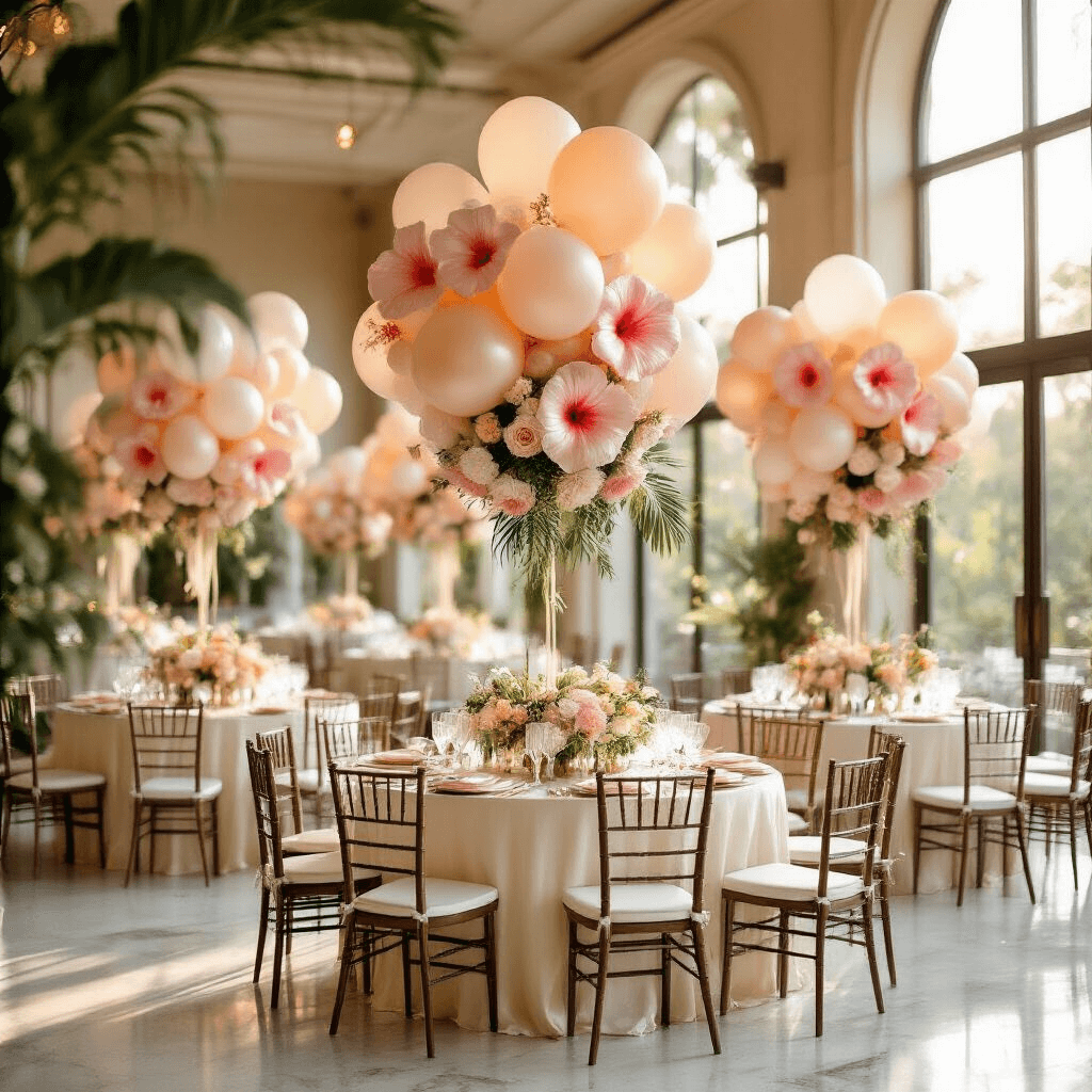 Floral Balloons: Bringing Botanical Elegance to Your Celebrations Elegant indoor ballroom during golden hour with floral balloon arrangements in blush pink and cream, round tables covered in silk ivory linens, tropical-themed balloons, and soft sunlight streaming through tall windows, creating a botanical garden atmosphere with layered floral centerpieces.