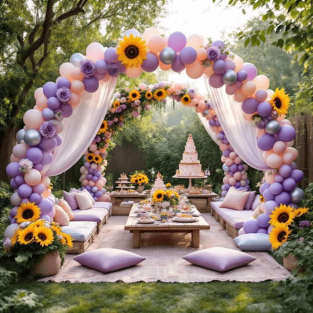 Floral Balloons: Bringing Botanical Elegance to Your Celebrations Whimsical backyard celebration with balloon arch installations, picnic-style low tables, and floor cushions, adorned with lavender and silver rose and sunflower-themed balloons, illuminated by soft morning light with sheer drapery backdrops and tiered dessert displays.
