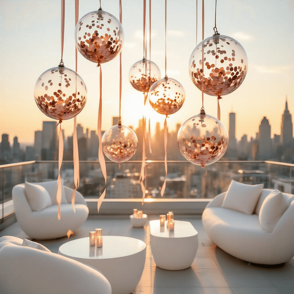 Bobo Balloons: Everything You Need to Know About These Clear Party Showstoppers An overhead view of a chic rooftop party at golden hour, featuring translucent bobo balloons filled with rose gold confetti, sleek white furniture, and satin ribbons against a stunning city skyline, highlighting urban elegance and soft lighting.