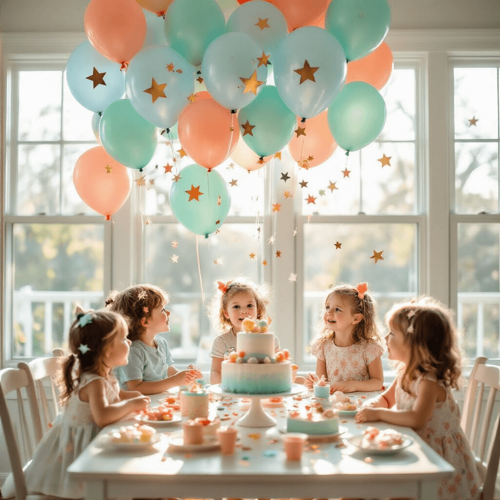 Bobo Balloons: Everything You Need to Know About These Clear Party Showstoppers A bright living room decorated for a children's birthday party, featuring balloon clusters and a playful dessert table, with sunlight streaming through large windows, capturing the wonder of children.