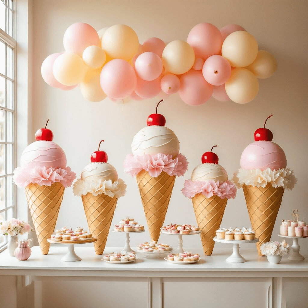 Ice Cream Balloons That'll Make Your Party the Sweetest Thing Ever A whimsical indoor party scene featuring a vibrant display of oversized pastel balloon ice cream cones, artfully arranged with tissue paper sprinkles and red pom-pom cherries, set against a white textured wall. The blush pink and cream color palette is enhanced by golden hour sunlight filtering through large windows, illuminating a detailed tabletop with coordinated desserts and elegant decor.