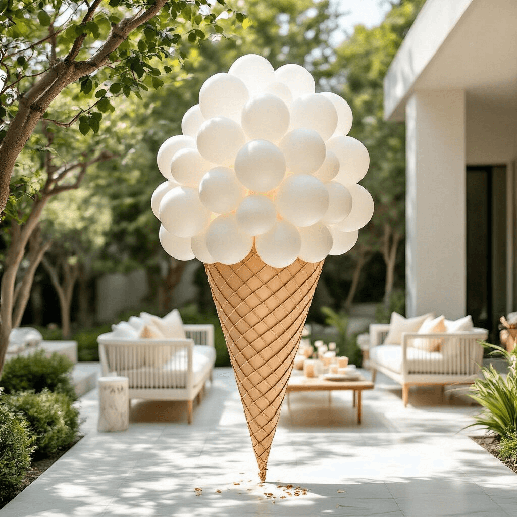 Ice Cream Balloons That'll Make Your Party the Sweetest Thing Ever A modern minimalist outdoor summer party featuring an elegant ice cream balloon installation of white and ivory balloons in cone shapes, set in a stylish backyard with marble flooring and sage green landscaping, adorned with rose gold accents and gold leaf sprinkles, captured in soft afternoon light with a wide-angle perspective.