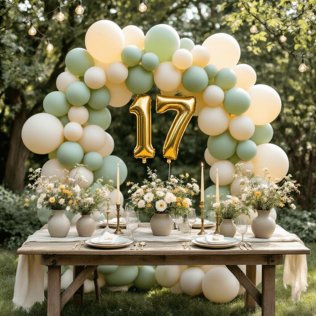 17 Balloons: Everything You Need to Know About Creating Stunning Party Displays Whimsical outdoor garden birthday celebration for a 17-year-old with sage green and cream balloons, gold-dipped foil number balloons, wildflower centerpieces, and soft sunlight filtering through trees.