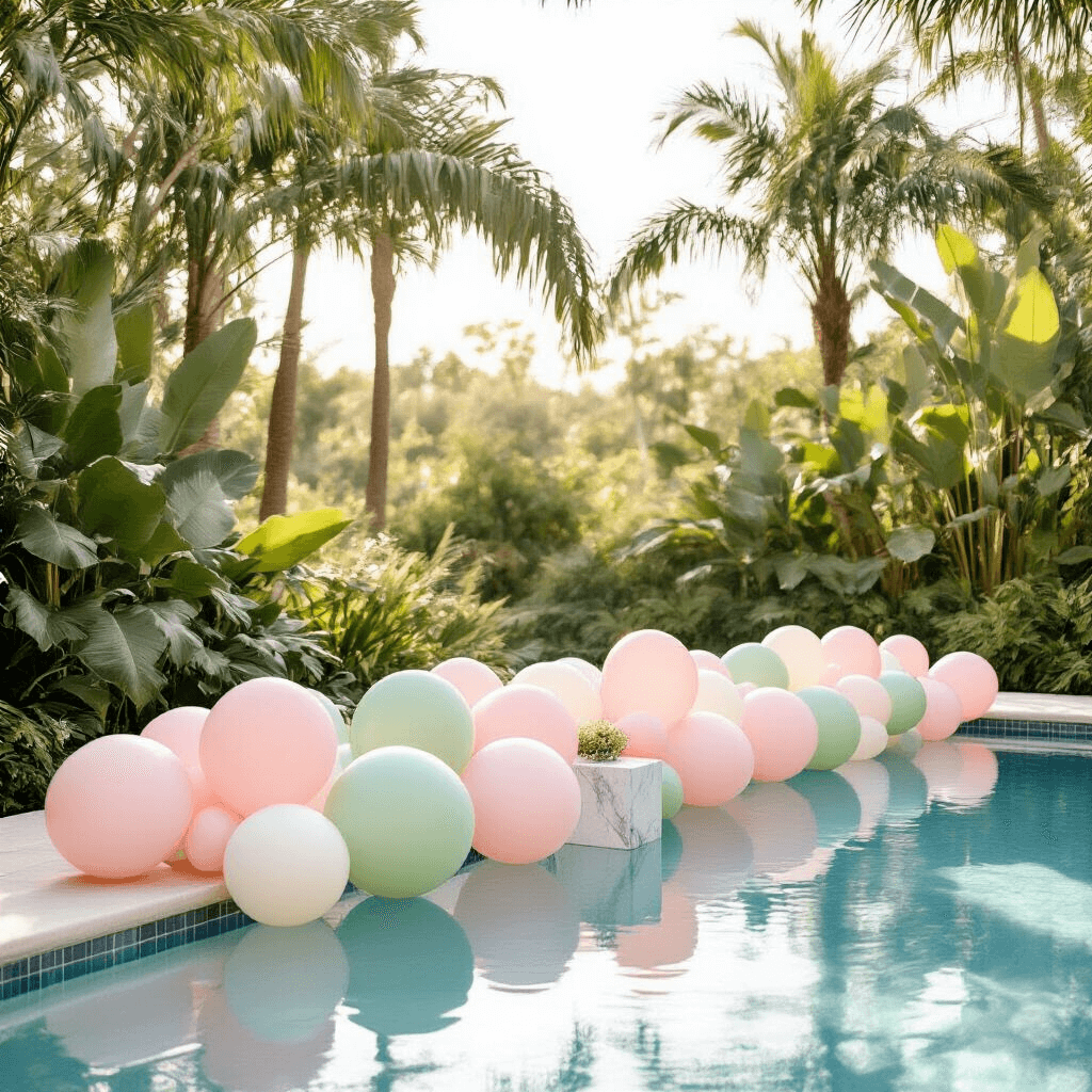 Pool Balloons: The Ultimate Guide to Making Your Next Water Party Absolutely Unforgettable Sophisticated outdoor summer pool setup with pastel helium balloons in blush pink, sage green, and ivory, anchored with marble-look weights, surrounded by lush tropical plants and soft morning light filtering through palm trees.