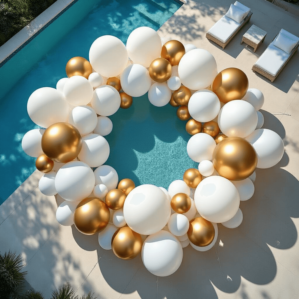 Pool Balloons: The Ultimate Guide to Making Your Next Water Party Absolutely Unforgettable Dramatic overhead view of a pool adorned with mixed-size white and metallic gold balloons arranged in a geometric pattern, casting shadows on the sparkling blue water, surrounded by modern white furniture, captured from a second-story perspective with clear fishing line creating an illusion of floating balloons.