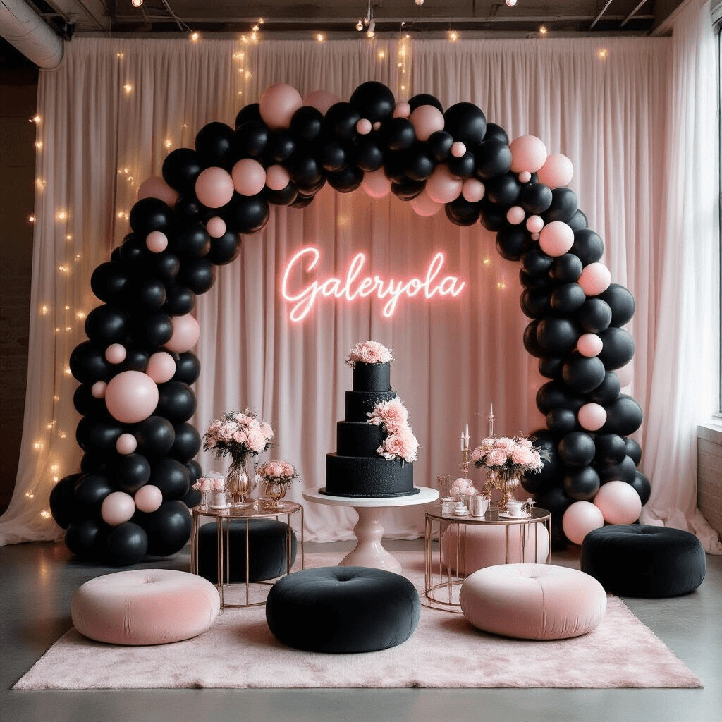 Black Balloons for Birthday Parties: Your Complete Styling Guide Glamorous teen birthday party setup in a modern loft, featuring a black and blush pink balloon installation, plush velvet floor cushions, a black fondant cake with blush sugar flowers, and a twinkling fairy light backdrop, creating a sophisticated yet playful atmosphere.
