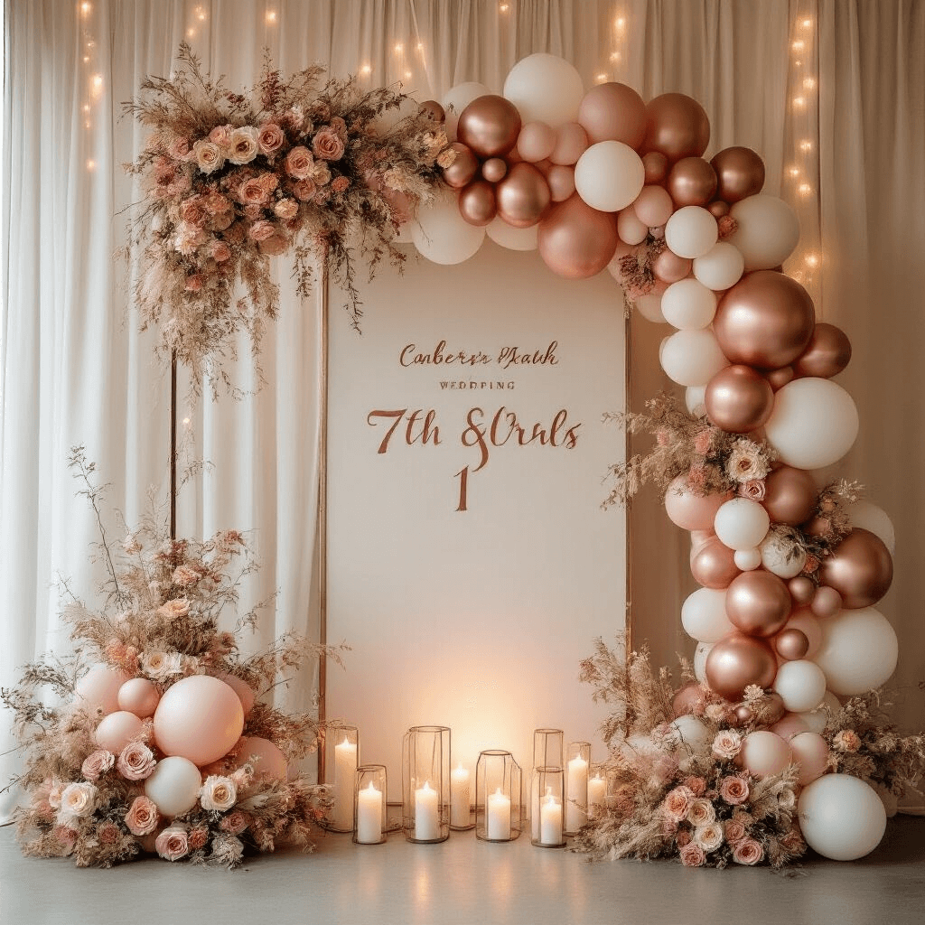 Marquee Numbers with Balloons: Everything You Need to Create Show-Stopping Event Decor A dreamy wedding reception setup featuring a rose gold marquee number, surrounded by an organic balloon garland in dusty rose, ivory, and metallic rose gold, with soft candlelight and fairy lights, creating a romantic ambiance.