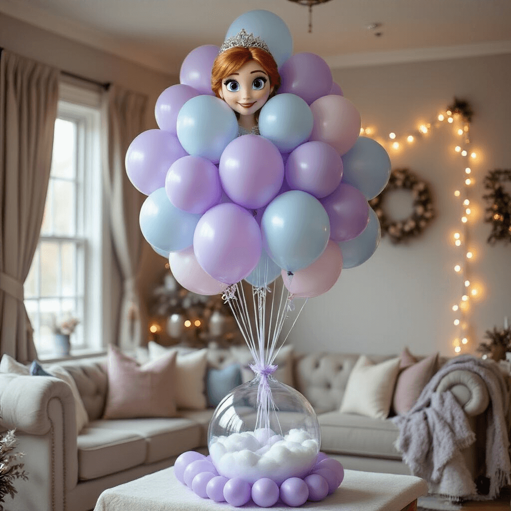 Transform Your Space with Frozen Balloon Magic: A Complete Party Styling Guide An intimate living room decorated for an Arendelle-inspired celebration, featuring a large Anna character balloon at the center of a lavender and pale blue balloon bouquet, soft fairy lights, metallic accents, and a handcrafted balloon garland along the wall, all anchored by a snow-filled clear glass vase.