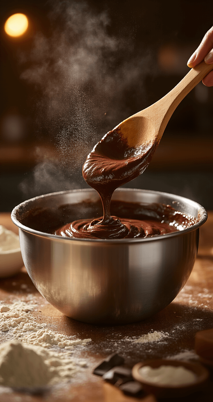 Salted Caramel Chocolate Cake Cinematic close-up of chocolate cake batter being mixed in a stainless steel bowl, with steam rising, golden lighting, and flour particles in the air, set on a marble countertop with baking essentials.