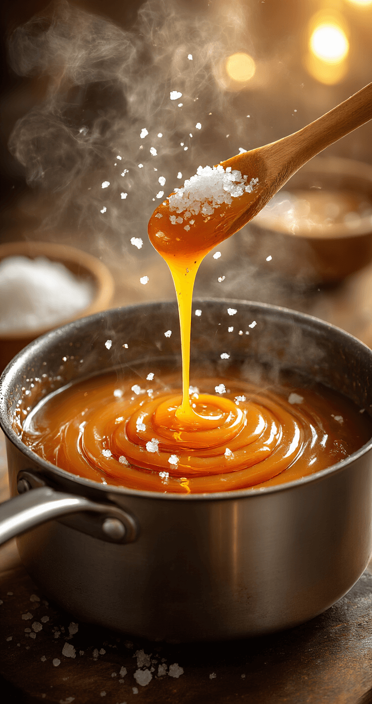 Salted Caramel Chocolate Cake Dramatic overhead view of bubbling salted caramel sauce with sea salt crystals suspended above, steam rising, and a wooden spoon creating swirls, set against a softly blurred kitchen background.