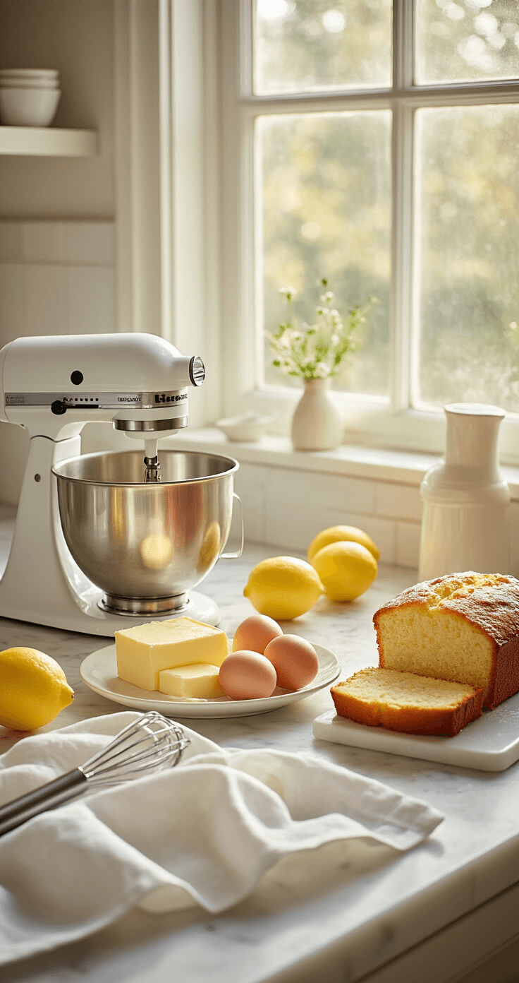 The Perfect Lemon Drizzle Cake That Actually Works (No Dry Disasters Here) A beautifully arranged kitchen scene featuring softened butter, eggs, and lemons on a marble countertop, illuminated by soft morning light. An electric hand mixer and clean loaf tin are positioned neatly, while a pristine white apron, zester, and microplane add to the culinary aesthetic in pastel colors.