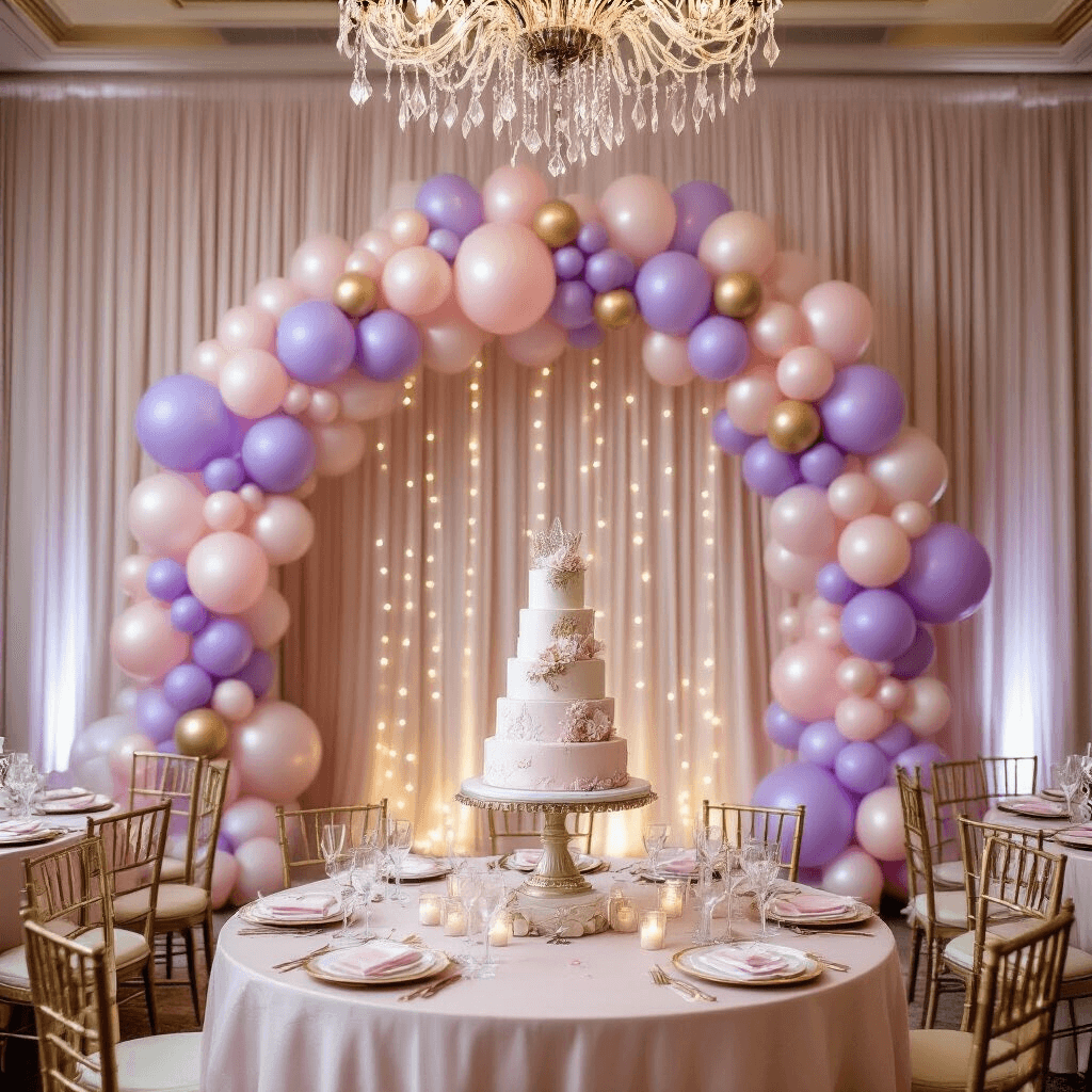 Cartoon Balloons: Your Ultimate Guide to Creating Magical Party Moments An elegant Disney princess birthday celebration featuring a grand indoor ballroom adorned with crystal chandeliers, vertical installations of lavender and soft pink mylar princess balloons against sheer blush drapery, intricate balloon garlands with metallic gold accents, a tiered marble cake stand with delicate sugar flowers, ornate gold chairs with velvet cushions, and an enchanting atmosphere enhanced by soft fairy lights, all set in a rose gold and ivory color scheme with delicate pearl accessories.