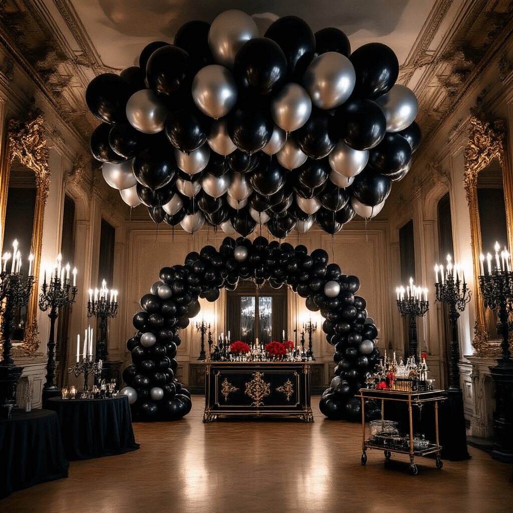 Black Balloons Aesthetic: How I Transform Events with Moody Elegance A dramatic overhead view of a gothic-inspired milestone birthday celebration in a historic mansion's grand ballroom, featuring a large black and silver balloon installation, deep red roses, black candelabras, a vintage bar cart, and an elaborate balloon arch, all enhanced by moody lighting and ornate gold-framed mirrors.