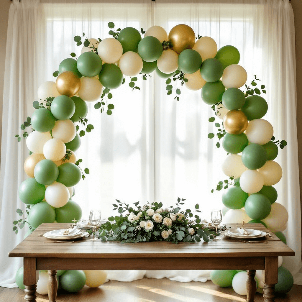 Green Balloon Decorations: Your Complete Guide to Stunning Party Setups Aerial view of a baby shower gift table draped with a lush green balloon garland in soft sage and ivory, accented with gold and intertwined eucalyptus, set against sheer white curtains, featuring a rustic wooden table adorned with delicate place settings.
