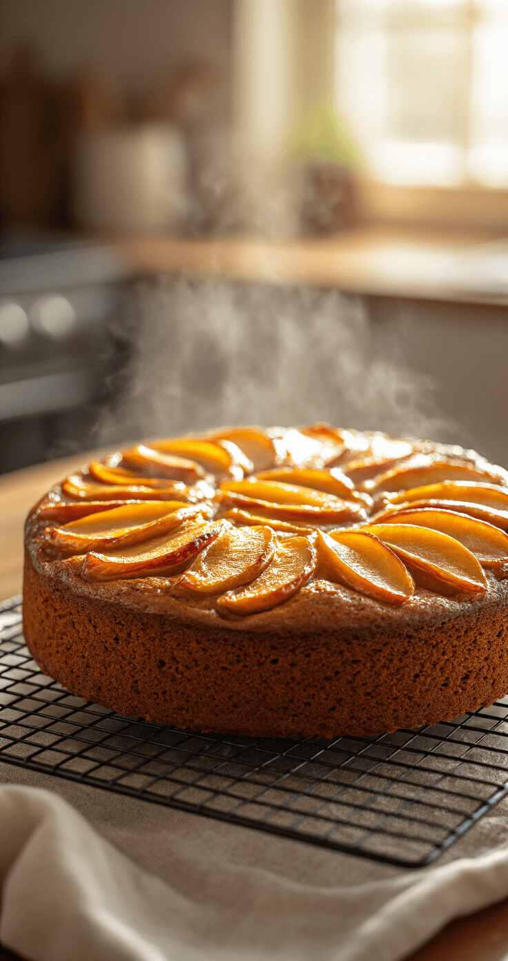 Spiced Apple Cake That'll Make Your Kitchen Smell Like Heaven Close-up of a freshly baked spiced apple cake on a wire cooling rack, featuring a deep golden-brown surface and caramelized apple slices on top, with steam rising and warm kitchen ambiance in soft focus.