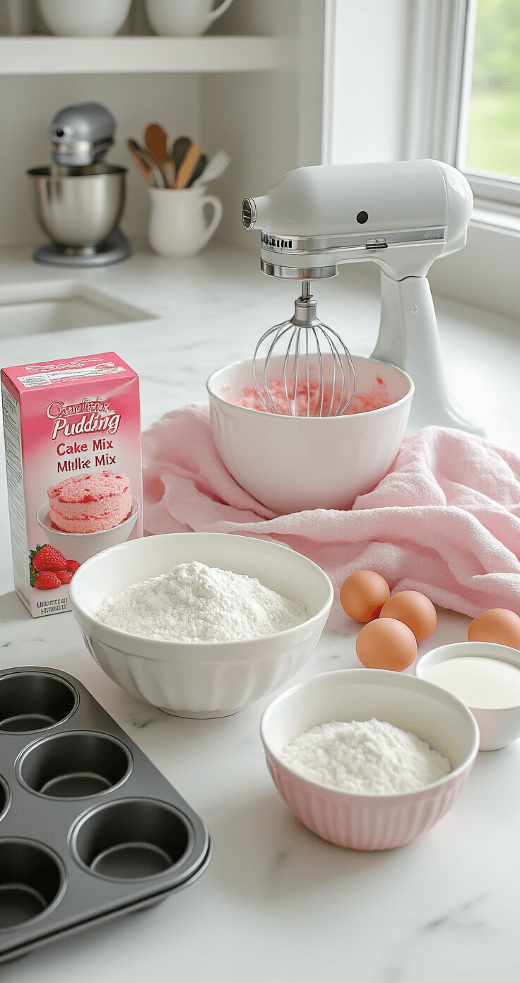 Strawberry Milkshake Cupcakes A pristine kitchen counter displays neatly arranged ingredients for strawberry cupcakes, including cake mix, pudding mix, milk powder, eggs, and buttermilk, with electric mixer and pastel pink towel in soft natural light.