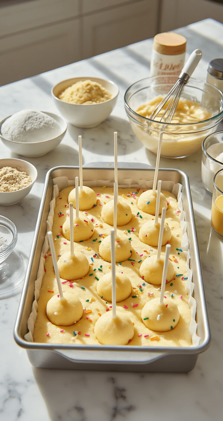 Funfetti Cake Pops That Actually Stay on the Stick A bright kitchen scene featuring a 9x13 inch pan filled with golden funfetti cake batter, surrounded by neatly arranged mixing bowls and ingredients, all illuminated by soft natural sunlight on marble countertops, illustrating the cake pops baking process.