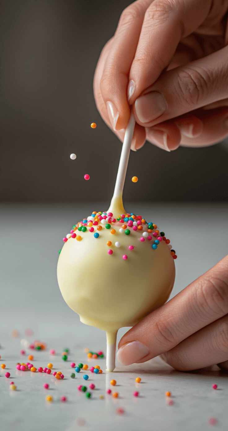 Funfetti Cake Pops That Actually Stay on the Stick Close-up of hands dipping a cake pop into white chocolate, with rainbow nonpareils mid-sprinkle, dramatic side lighting enhancing the glossy finish, against a pristine white background.