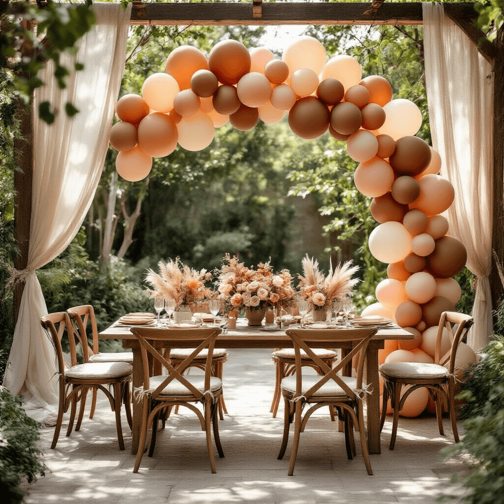 Brown Balloons Are Everywhere Now—Here's Where I Actually Found The Best Ones Photorealistic image of an elegant boho bridal shower in a sunlit garden, featuring a gradient balloon arch with mocha, blush, terracotta, and ivory balloons, complemented by wooden furniture and soft linen drapes, creating a warm and sophisticated atmosphere.