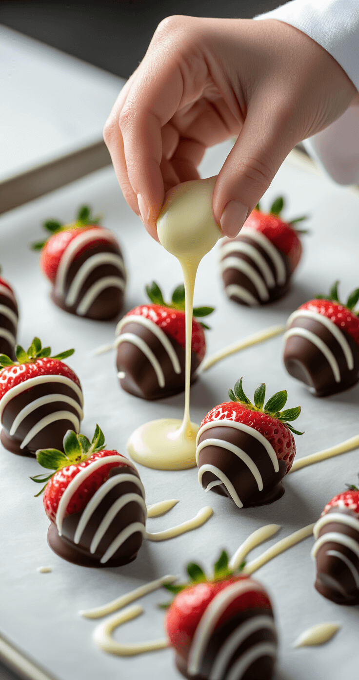 Chocolate-Dipped Strawberries: The Easiest Impressive Dessert You'll Ever Make Close-up of a hand in a white chef's sleeve drizzling white chocolate in zigzag patterns over dark chocolate-dipped strawberries on a parchment-lined baking sheet, with soft natural light enhancing the gourmet setting.