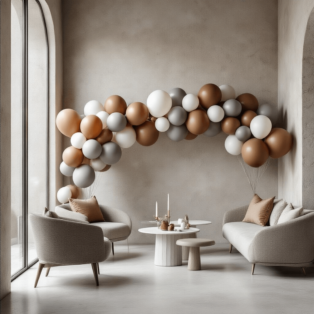 Brown Balloons Are Everywhere Now—Here's Where I Actually Found The Best Ones A modern minimalist birthday party featuring a sophisticated backdrop of stone brown, grey, and white balloons, complemented by clean architectural lines and sleek furniture, creating a gallery-like aesthetic with precise balloon placement and curated color transitions.