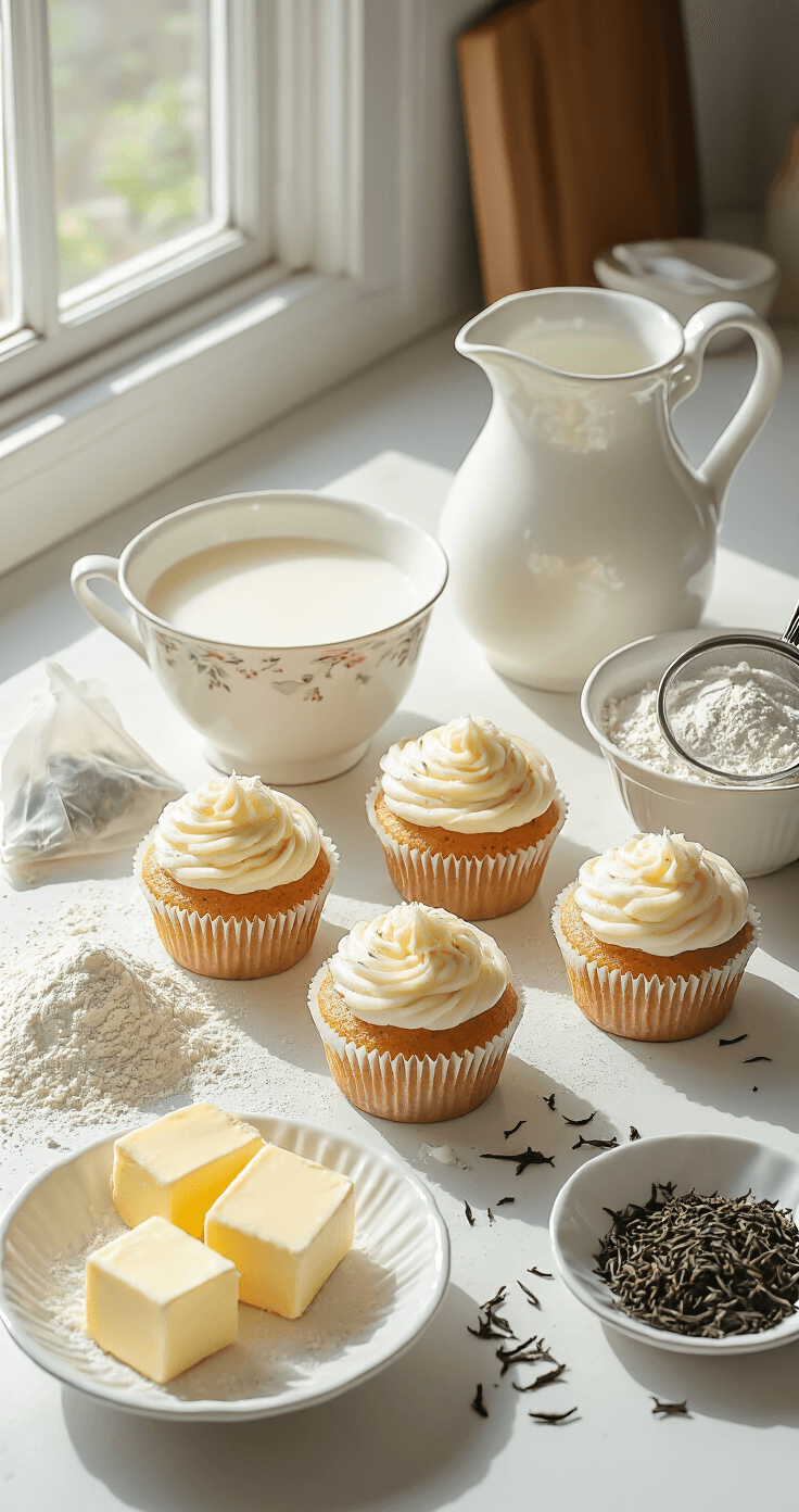 Earl Grey Cupcakes with Honey Frosting A pristine kitchen counter displaying ingredients for Earl Grey cupcakes: whole milk in a ceramic pitcher, scattered Earl Grey tea leaves, softened butter in a vintage dish, and sifted flour in a white bowl, illuminated by soft morning sunlight.