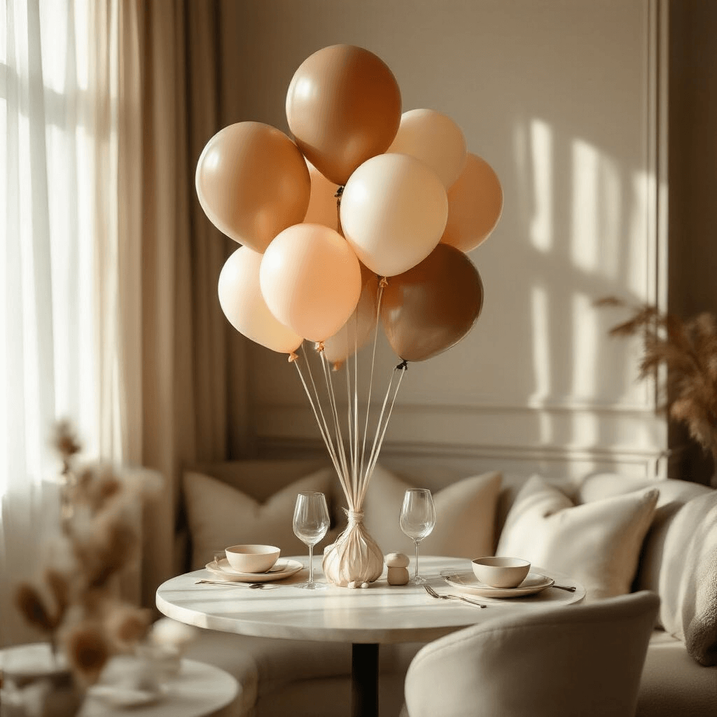 Brown Balloons Are Everywhere Now—Here's Where I Actually Found The Best Ones Intimate dining nook with a whimsical balloon centerpiece in latte, peach, and cream tones, featuring 12-inch and 5-inch balloons. Soft morning light filters through sheer curtains, enhancing the cozy atmosphere with delicate balloon styling.