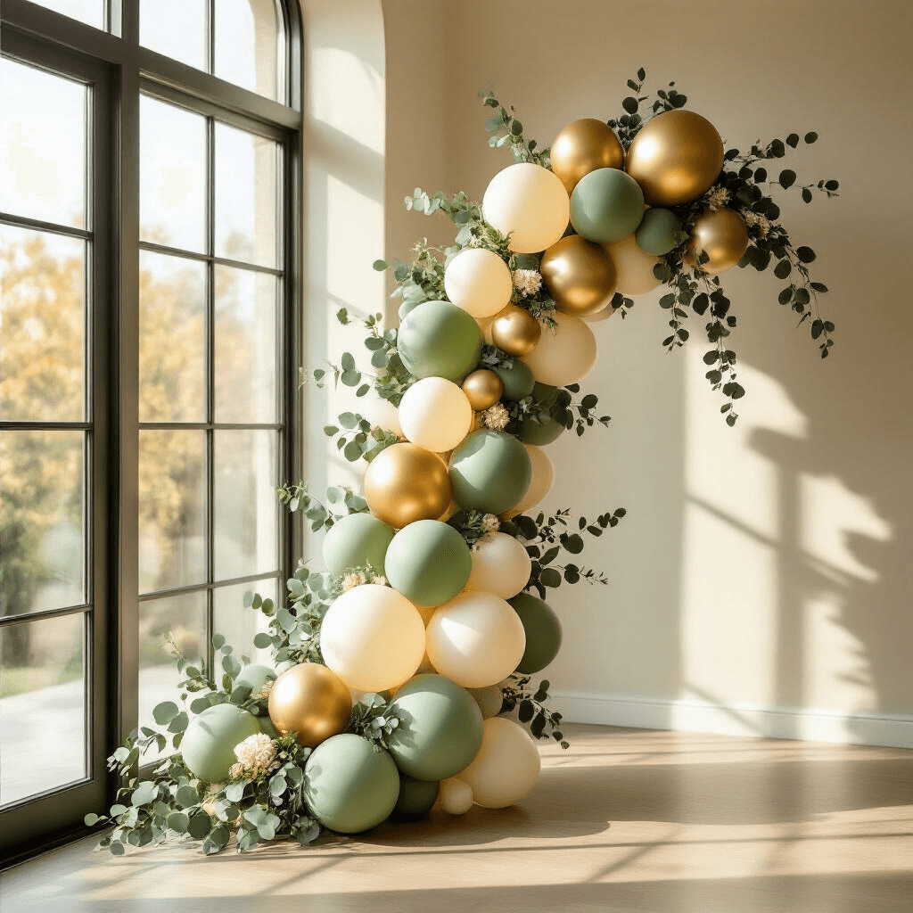 Cute Balloons That'll Make Your Space Pop (Without Looking Like a Toddler's Birthday) Elegant balloon garland in a sunlit modern living room, featuring sage green, champagne gold, and ivory balloons interwoven with eucalyptus, illuminated by golden hour light through large windows.