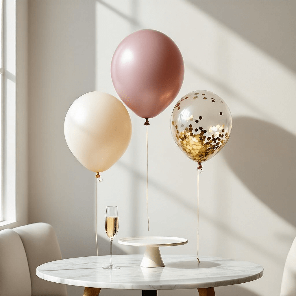 Cute Balloons That'll Make Your Space Pop (Without Looking Like a Toddler's Birthday) Minimalist birthday celebration setup featuring three statement balloons against a white wall: an oversized matte dusty rose balloon, a medium clear balloon with gold confetti, and a smaller ivory balloon, all suspended at different heights. A marble side table holds an elegant champagne flute and a minimalist cake stand, illuminated by soft morning light.