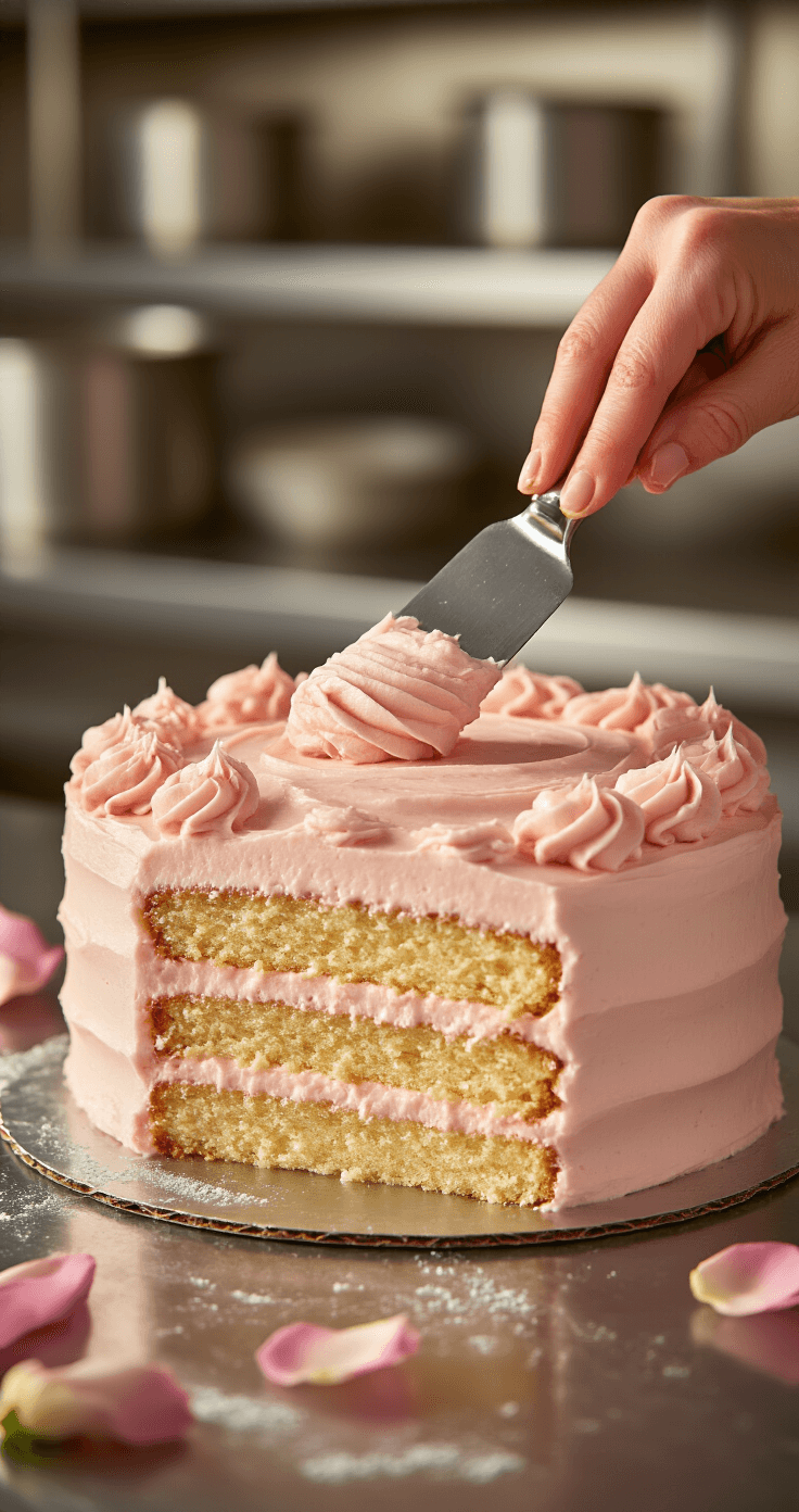 Vanilla Rose Cake: The Floral Dessert That Actually Tastes Good Professional baker smoothing pale pink buttercream on a layered vanilla cake with an offset spatula, surrounded by scattered rose petals, in a gleaming kitchen with warm lighting.