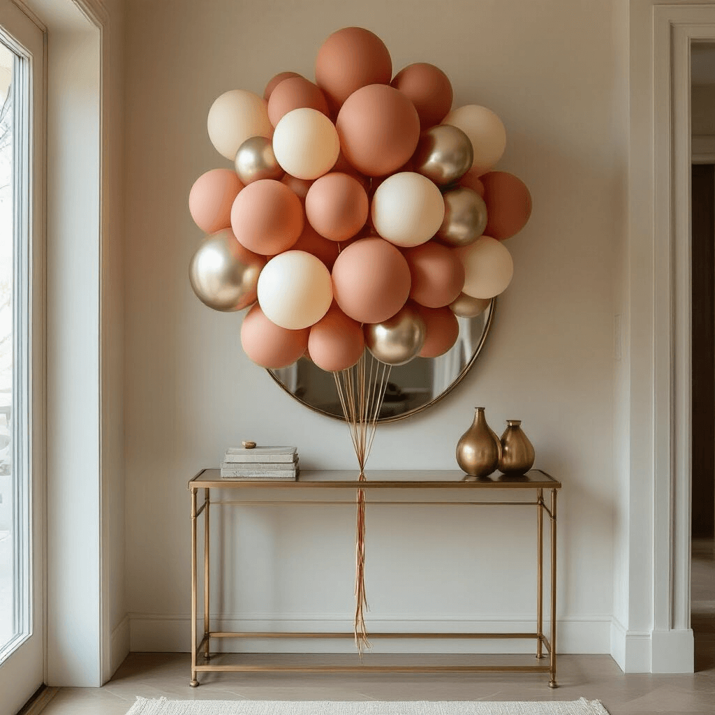 Cute Balloons That'll Make Your Space Pop (Without Looking Like a Toddler's Birthday) A stylish balloon cluster in terracotta and cream, featuring mixed textures, is arranged asymmetrically in a modern apartment entryway. Brass hooks and a sleek console table are visible in the background, along with a vintage mirror reflecting the display, illuminated by warm ambient lighting.