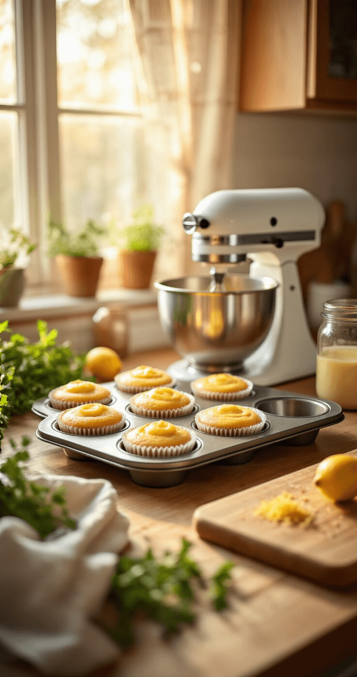 Lemon Thyme Cupcakes: Fresh Herbs Meet Zesty Citrus A cozy kitchen with muffin tins filled with cupcake batter, fresh herbs, and golden sunlight streaming through the window, featuring an electric mixer and a cutting board with lemon zest, embodying a warm, inviting baking atmosphere.