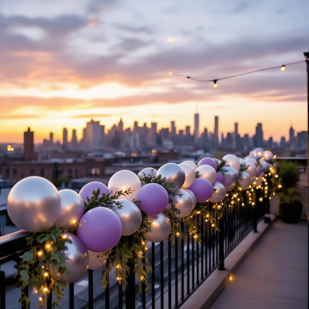 Cute Balloons That'll Make Your Space Pop (Without Looking Like a Toddler's Birthday) Outdoor rooftop celebration with a balloon garland in lavender, silver chrome, and clear balloons, adorned with greenery, set against a city skyline at sunset, enhanced by fairy lights for a magical ambiance.