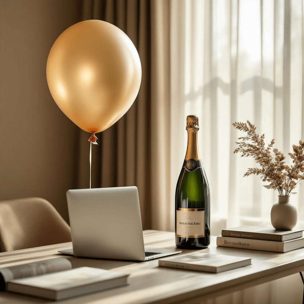 Cute Balloons That'll Make Your Space Pop (Without Looking Like a Toddler's Birthday) A modern home office featuring a giant champagne bottle-shaped balloon beside a minimalist desk with design books and a sleek laptop, illuminated by soft morning light through sheer curtains, in a muted earth tone palette of caramel, cream, and sage.