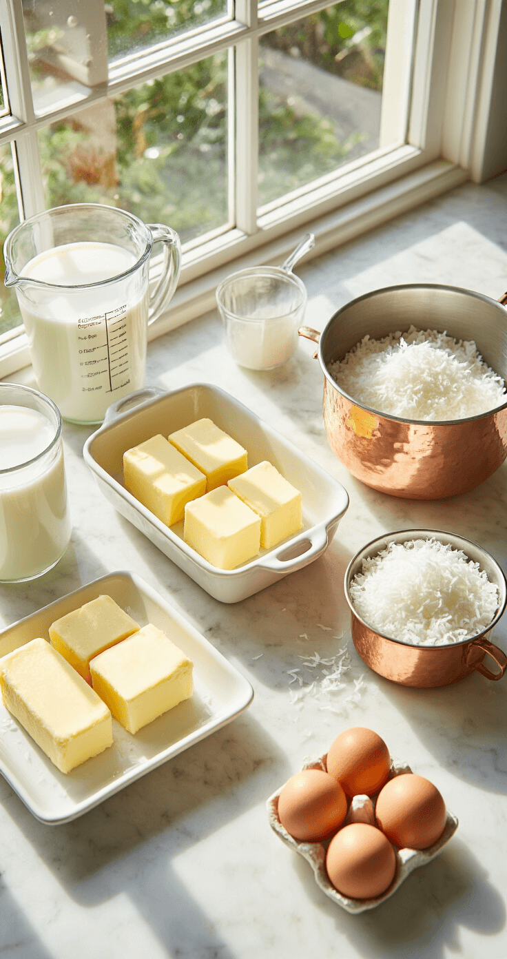 Pineapple Coconut Cake: The Tropical Dessert That'll Make Your Taste Buds Dance Cinematic overhead view of a pristine kitchen counter with ingredients for a pineapple coconut cake, including softened butter, cracked eggs, shredded coconut, and coconut milk, under warm natural light creating soft shadows.