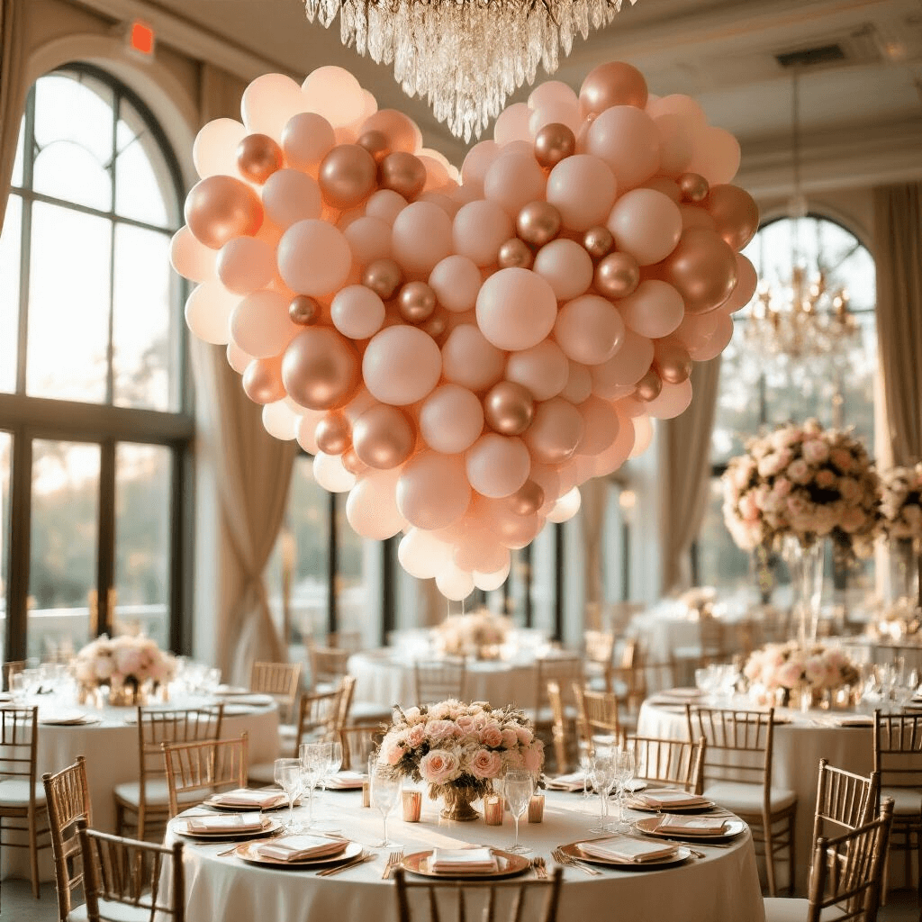 Heart Balloon Aesthetic: Your Complete Guide to Romantic Event Styling A luxurious wedding reception ballroom featuring a heart-shaped balloon installation, elegant round tables with ivory linens and gold accents, and warm golden hour sunlight creating a romantic ambiance.