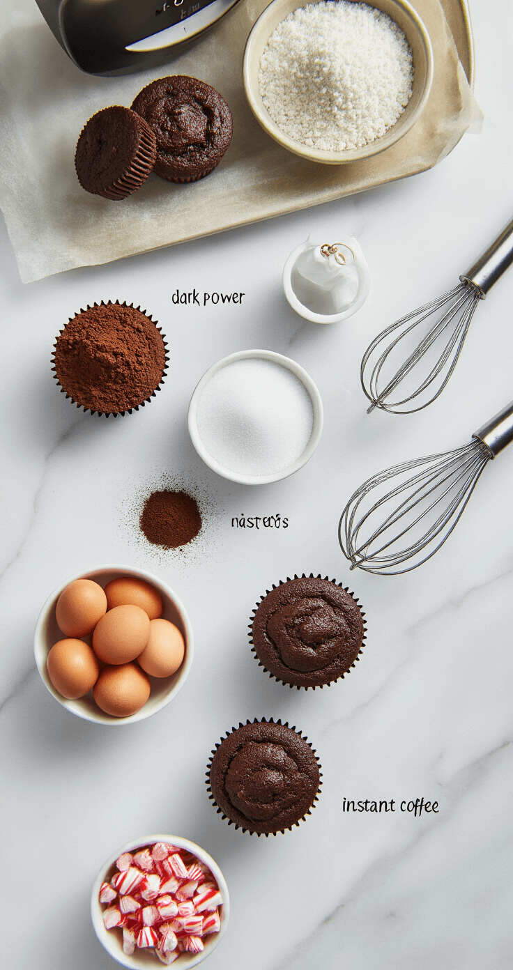 Peppermint Mocha Cupcakes: Rich Chocolate Coffee Cupcakes with Peppermint Frosting Overhead view of a neatly organized kitchen workspace featuring dark cocoa powder, white sugar, fresh eggs, and instant coffee granules on a marble countertop, illuminated by soft morning light.