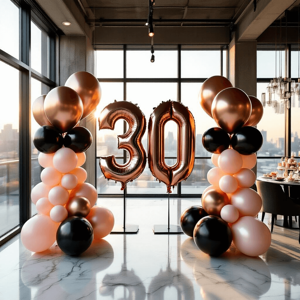 Transform Your Party: The Ultimate Guide to 30th Birthday Balloons A luxurious 30th birthday balloon installation in a modern loft, featuring oversized metallic rose gold and black number 30 balloons on sleek black stands, surrounded by clusters of blush and champagne latex balloons, illuminated by golden hour sunlight streaming through floor-to-ceiling windows.