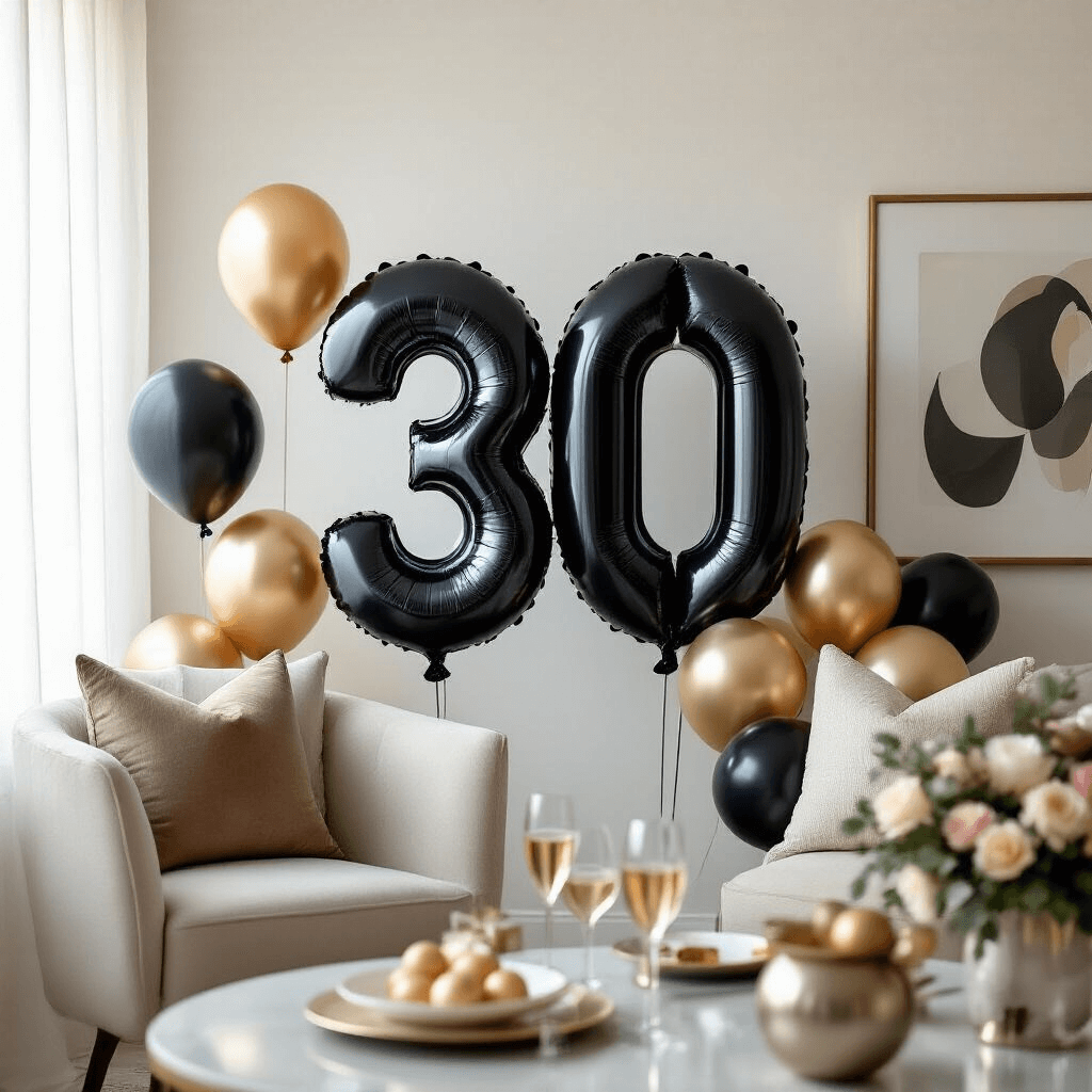 Transform Your Party: The Ultimate Guide to 30th Birthday Balloons An intimate living room scene featuring a matte black number 30 balloon off-center against a textured white wall, surrounded by metallic and pearl-tone latex balloons of various sizes. Soft natural light filters through sheer curtains, highlighting the balloons. A modern mid-century furniture setup and curated art pieces are in the background, with a champagne coupe and elegant party favors in the foreground.