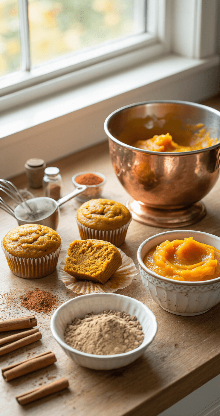 Pumpkin Spice Cupcakes with Cream Cheese Frosting A rustic kitchen countertop arranged with measured ingredients for pumpkin spice cupcakes, featuring soft autumn light, copper mixing bowls, scattered spices, and fresh pumpkin puree in a vintage ceramic bowl.