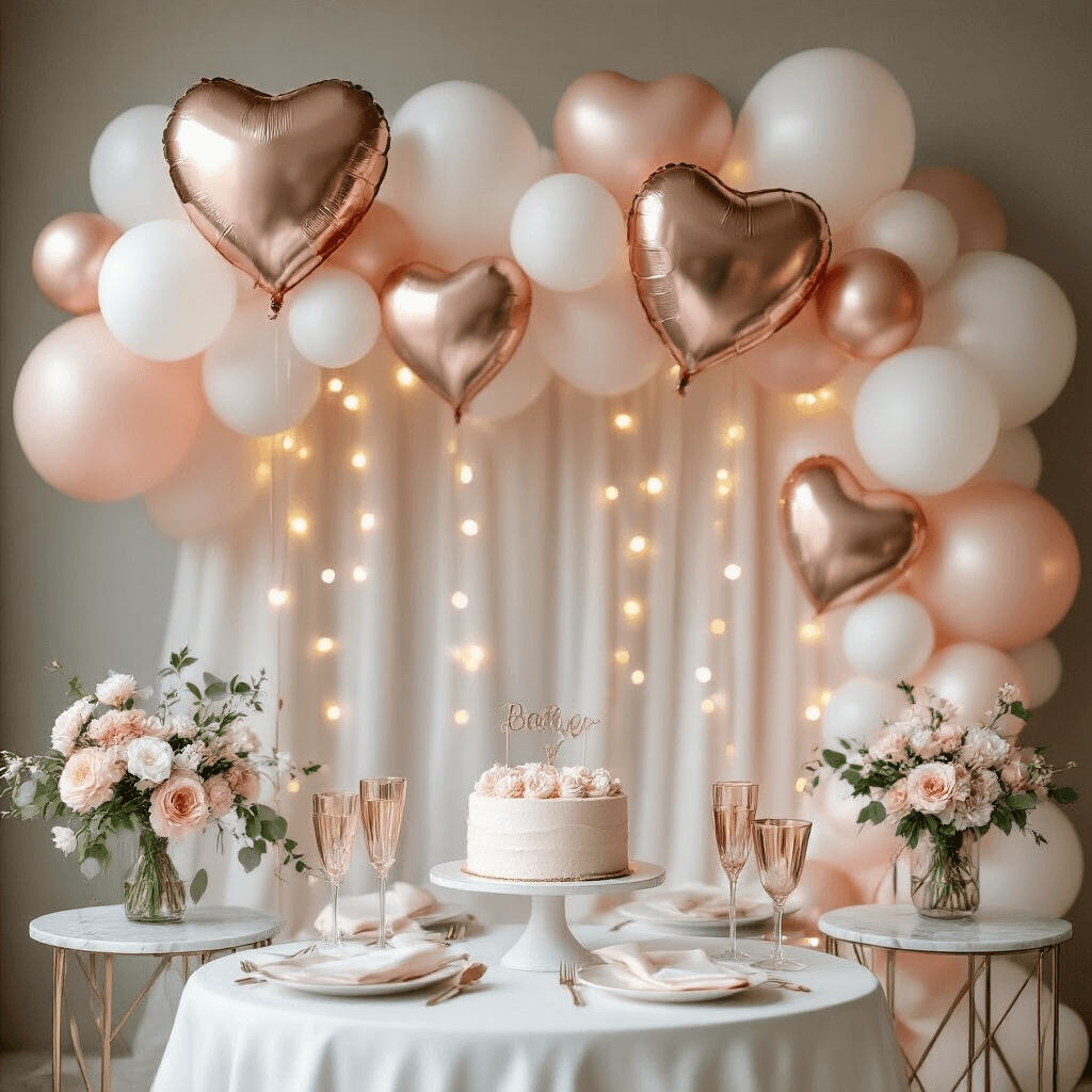 Baby Balloons: Everything You Need to Know for Your Celebration (Plus Critical Safety Tips) Modern baby shower backdrop featuring blush pink, white, and rose gold colors, with a layered balloon display, heart-shaped foil balloons, soft fairy lights, marble side tables with floral arrangements, and elegant glass champagne coupes.