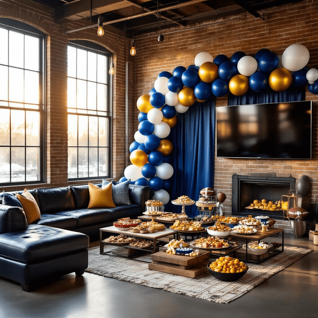 Football Balloons: Your Complete Guide to Game Day Decorating That Actually Works A vibrant Super Bowl party scene featuring a dramatic balloon garland backdrop in deep navy and bright white, with football-shaped mylar balloons. The modern living room boasts exposed brick, a sleek leather sectional, and a mounted television. Golden hour sunlight filters through large windows, illuminating food tables adorned with charcuterie boards and themed appetizers. An overhead shot highlights the layered balloon design with varying heights and textures.