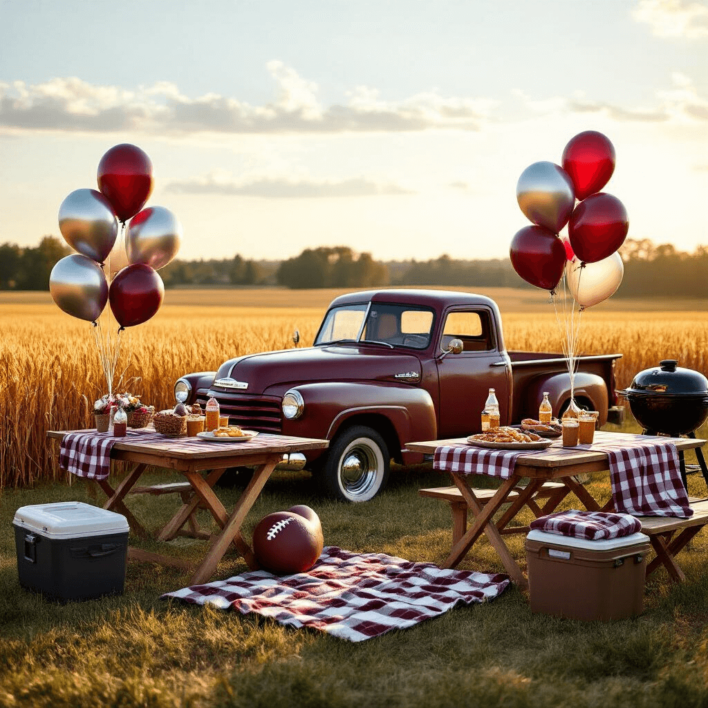 Football Balloons: Your Complete Guide to Game Day Decorating That Actually Works An intimate tailgate party scene featuring a vintage pickup truck adorned with balloon decorations, including maroon and silver football balloons against a golden wheat field. Wooden folding tables with checkered tablecloths, a grilling station in the background, coolers with drinks, and casual seating with stadium blankets create a festive atmosphere. Balloon bouquets anchored with team-specific weights add visual interest in a warm, cinematic wide-angle shot.