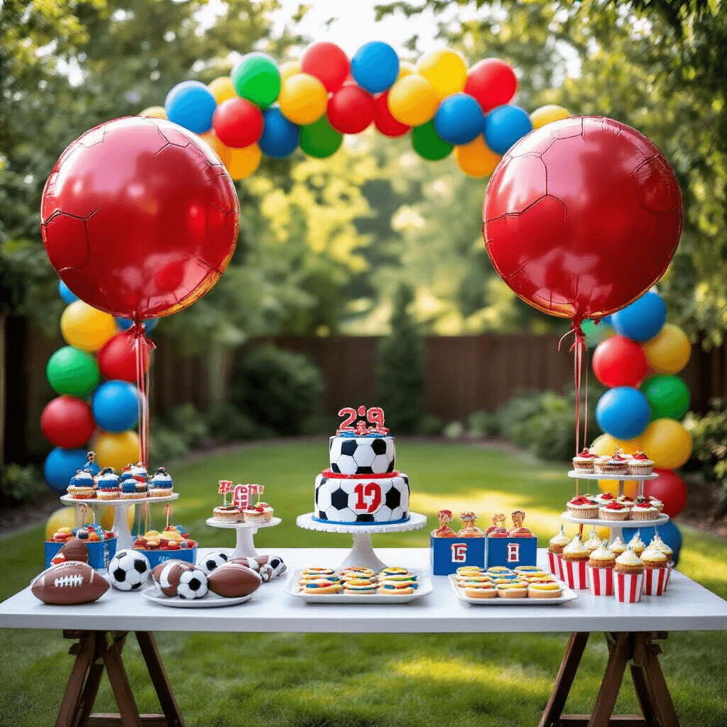 Football Balloons: Your Complete Guide to Game Day Decorating That Actually Works A vibrant children's football-themed birthday party in a bright backyard, featuring large mylar football balloons, a styled dessert table with a football-shaped cake and themed treats, a balloon garland arch, and playful decorations including a football field runner and miniature goal posts, all under soft, natural lighting.
