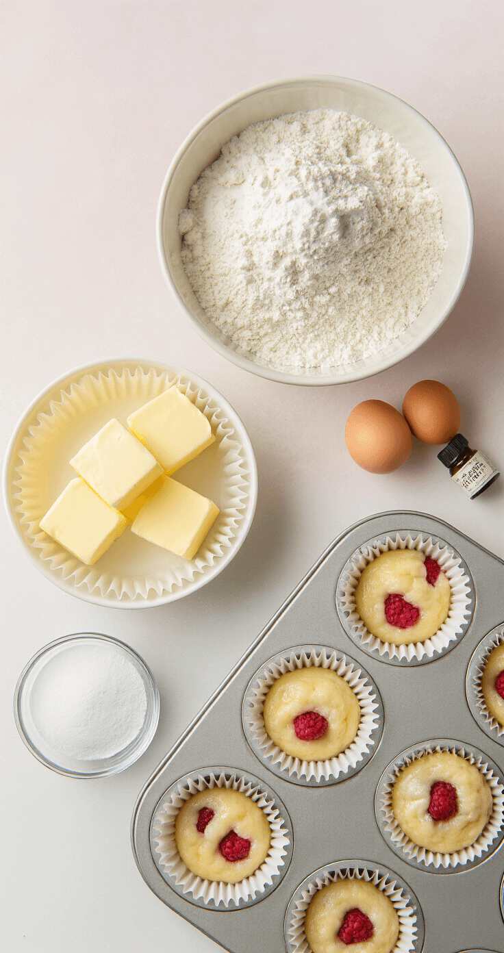 Raspberry Almond Cupcakes: Light, Elegant, and Ridiculously Easy Ultra-detailed overhead shot of a pristine kitchen countertop showcasing precisely measured ingredients for raspberry almond cupcakes, including soft butter, sifted flour in a vintage bowl, fresh eggs, almond extract, and neatly arranged muffin liners in a tin, all bathed in soft natural light against a pastel background.