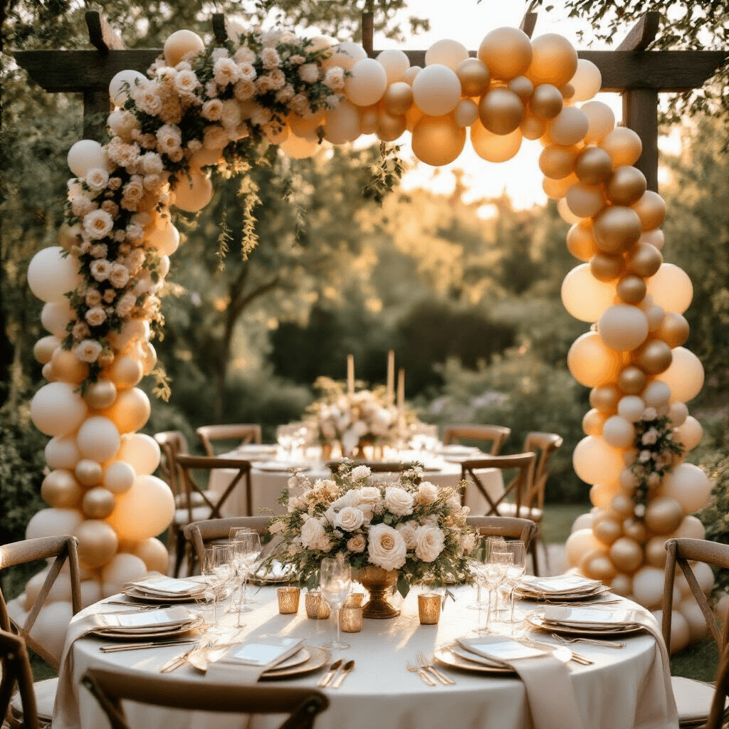 Golden Balloons: Everything You Need to Transform Your Next Celebration Intimate garden wedding reception with a gold balloon garland on a rustic wooden archway, adorned with blush and ivory florals, illuminated by golden hour sunlight; featuring round tables set with silk runners, rose gold place settings, and vintage brass candelabras, capturing the intricate detail of balloon layers and textures.