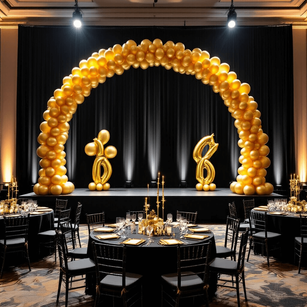 Golden Balloons: Everything You Need to Transform Your Next Celebration Sophisticated corporate anniversary celebration in an elegant ballroom with a gold balloon arch framing the stage, featuring black and gold decor, circular tables adorned with metallic gold runners, custom branded gold balloon sculptures, and professional mood lighting creating shadows, while photographers capture the event from various angles.