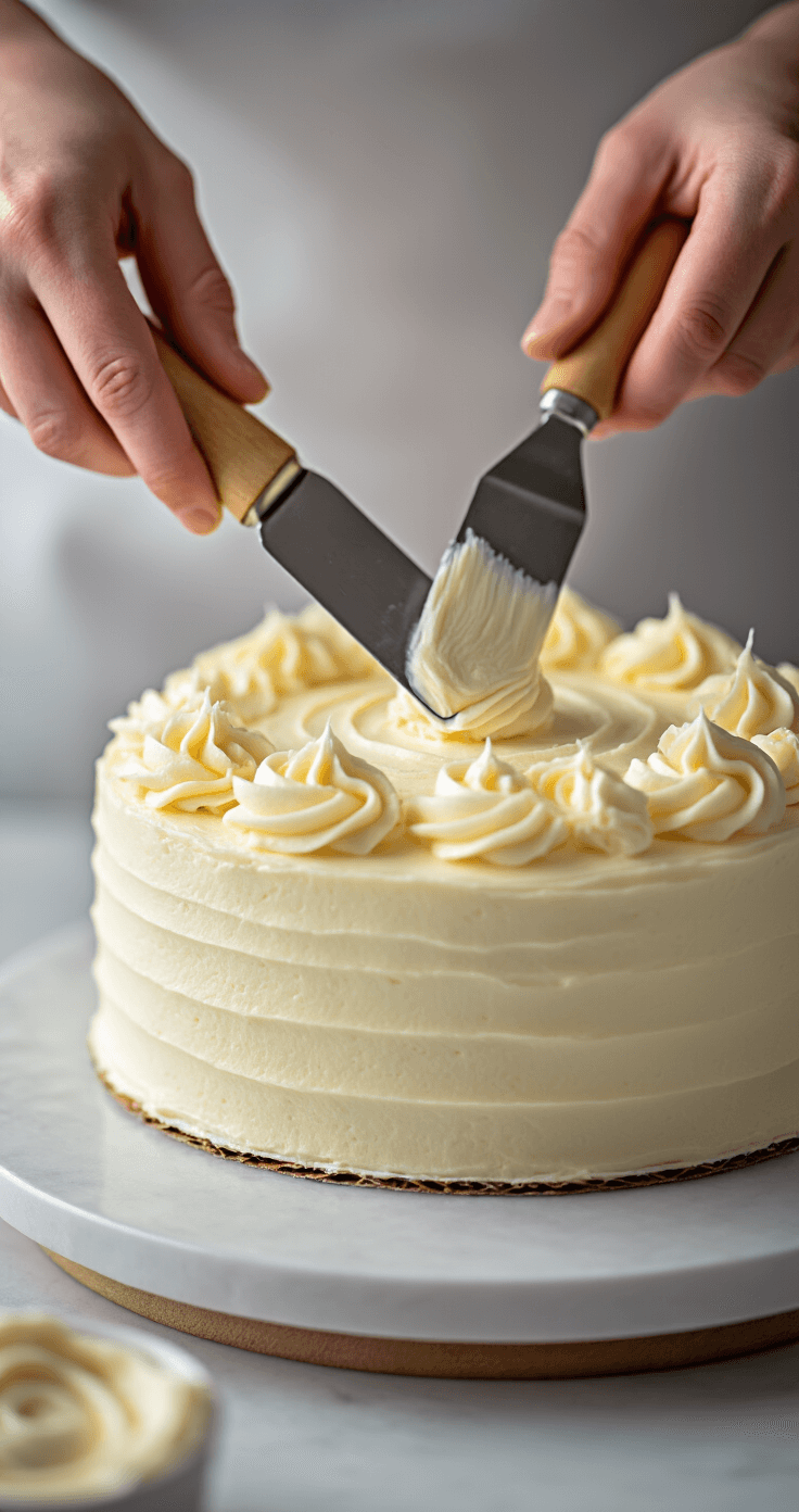 Vanilla Buttercream Cake: The One Recipe You Actually Need Close-up of a baker's hands using an offset spatula to create smooth buttercream swirls on a vanilla cake layer, with glistening white frosting under soft lighting.