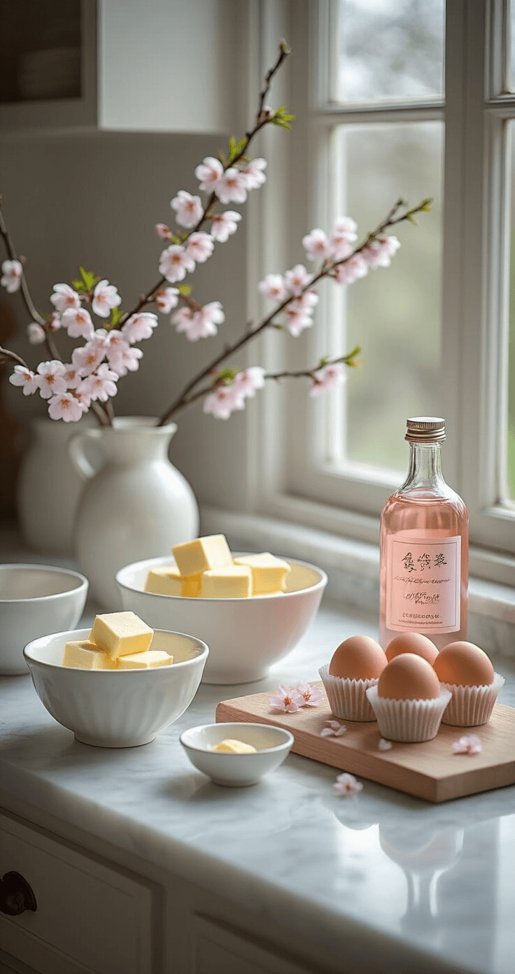 Cherry Blossom Cupcakes: Light, Fluffy Japanese-Style Treats with Delicate Floral Frosting A serene kitchen workspace with a marble countertop displaying neatly arranged baking ingredients including white ceramic bowls, softened butter, fresh eggs, and a pink sakura extract bottle, illuminated by soft morning light.