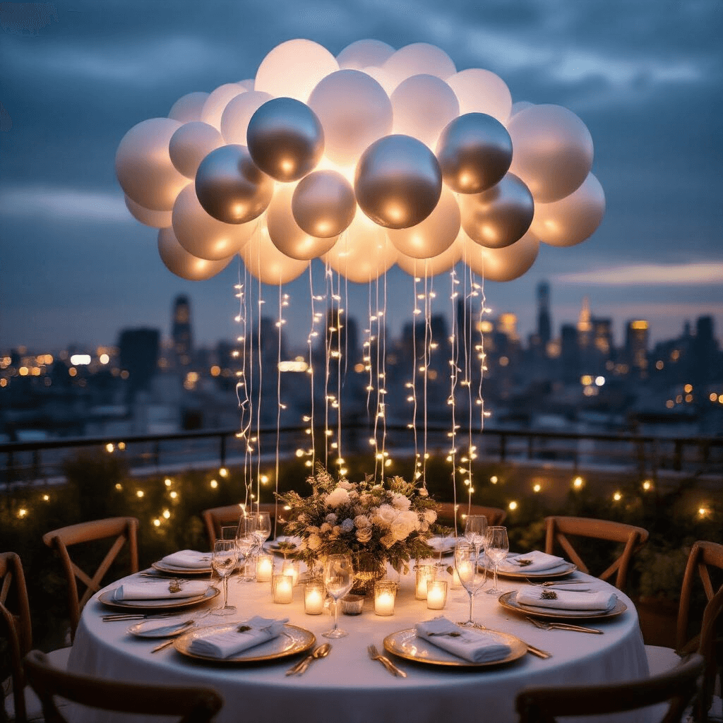 Silver Balloon Decorations: Your Complete Guide to Stunning Party Setups Intimate rooftop party at twilight featuring a silver balloon cloud installation above a elegantly set dining table with white linen, gold-rimmed plates, and floral centerpieces, all illuminated by warm candlelight against a soft-focus city skyline.